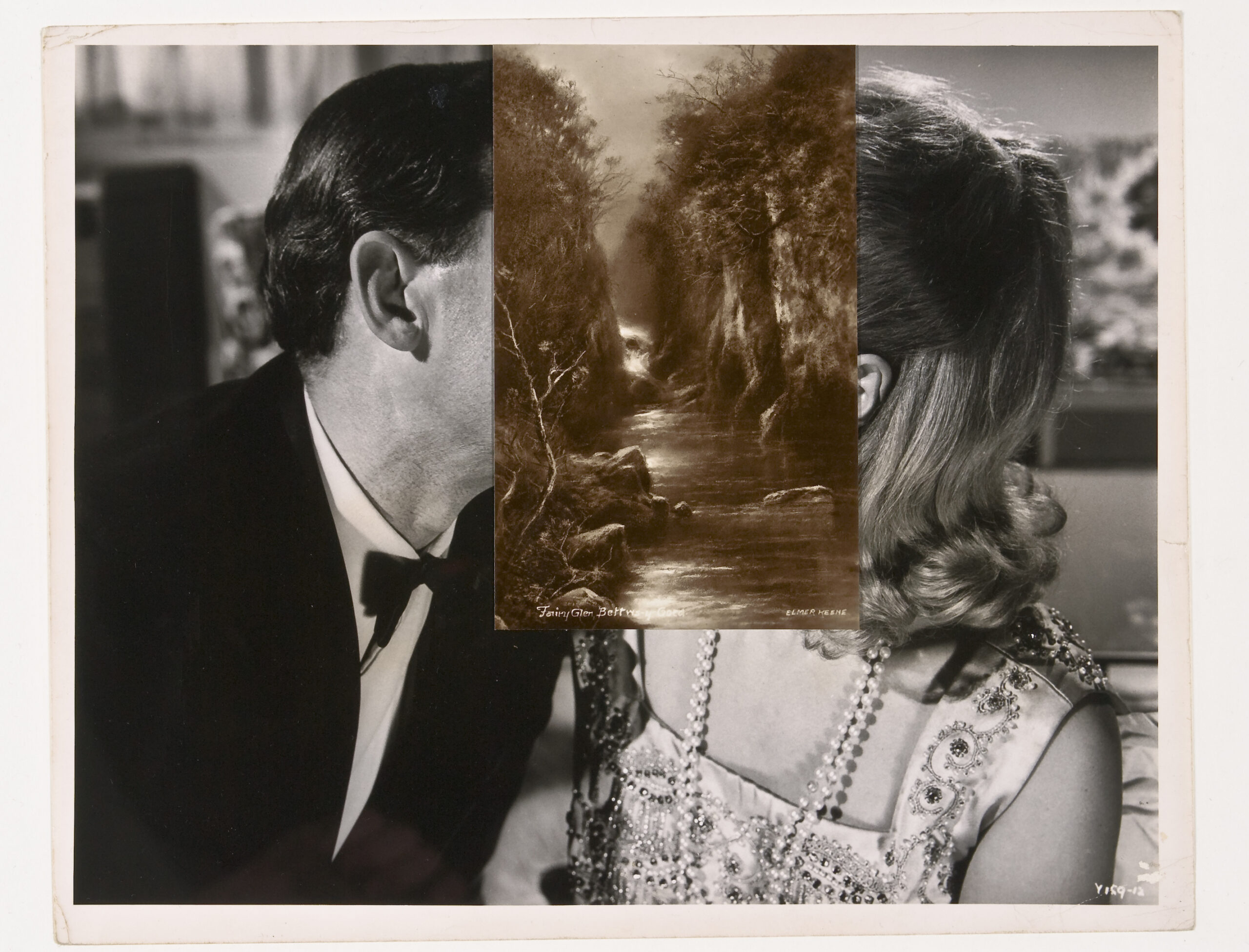 A black and white photgraph of two movie stars kissing, their faces overlaid with a sepia illustration of a landscape with a river running through it.