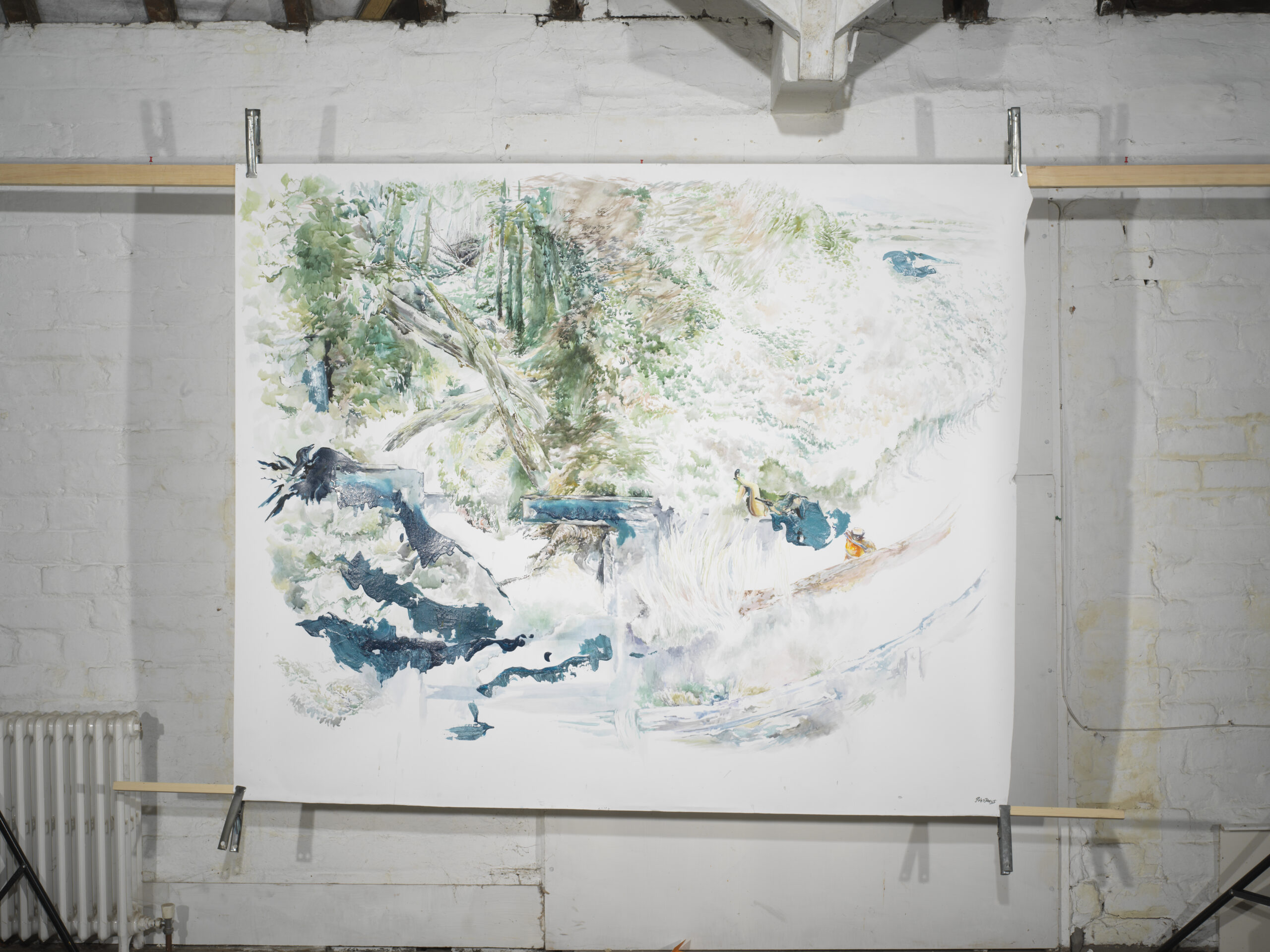 A rectangular painting with dark blues and greens across a white canvas with lots of white space between and around