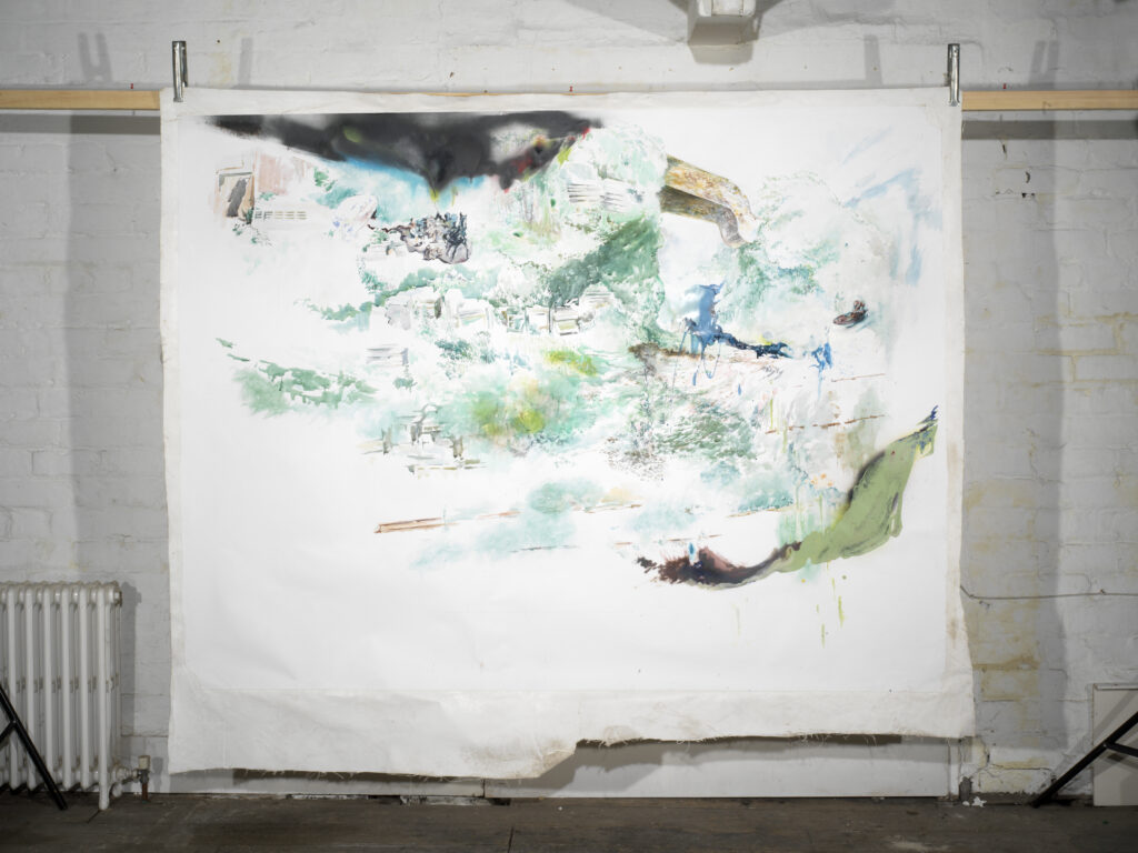 A rectangular painting with lots of white space towards the bottom with green and yellow patches in the middle