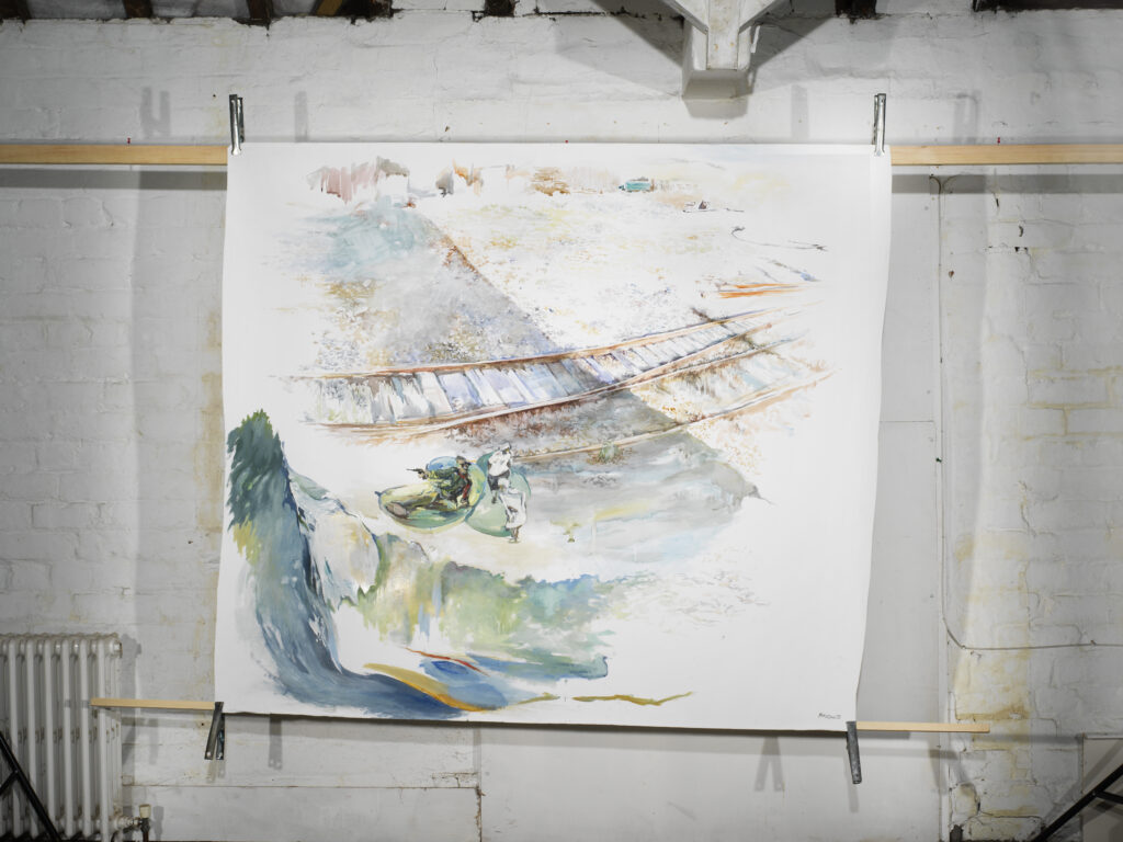 A large square painting with lots of white space around the edges and a depiction of railway tracks running across the centre