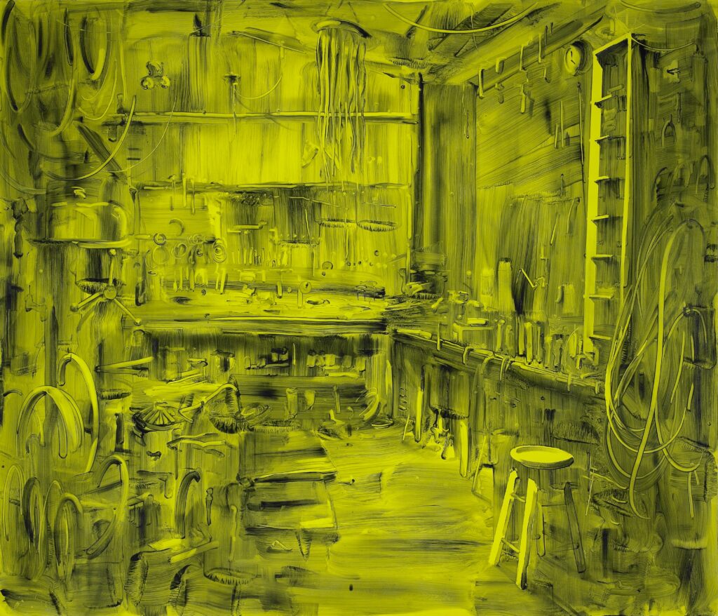 A painting depicting the inside of a mechanic's workshop