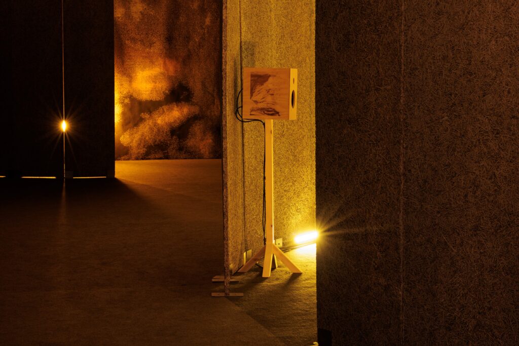 A number of doorways, openings. Yellow lights cast shadows. A speaker on a stand is visible through one opening.