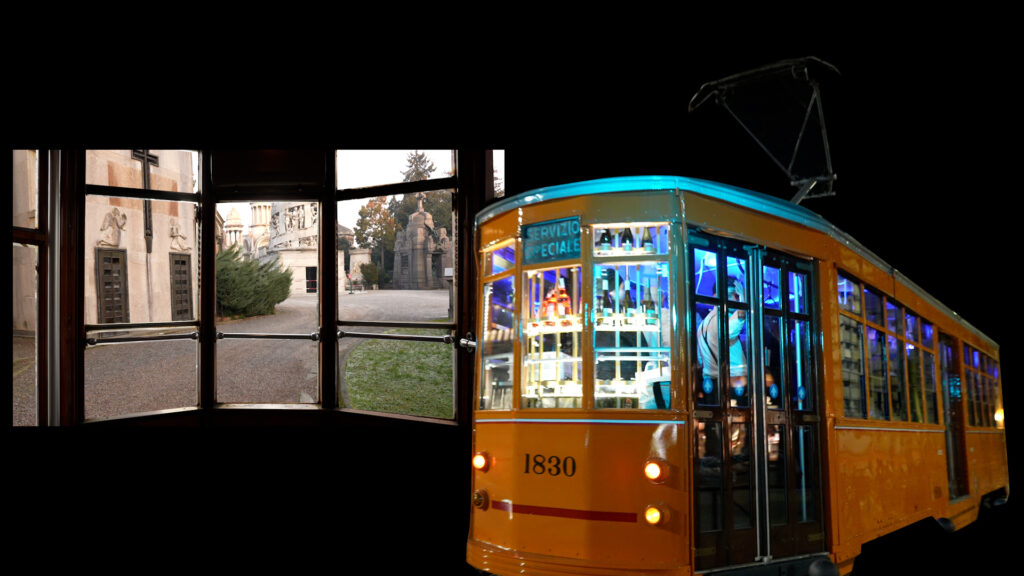 In the foreground, a trolley-bus fitted out for parties at night, filled with revellers. Behind at to the left an image from the front window of a similar trolley-bus but during the day, in a mausoleum.
