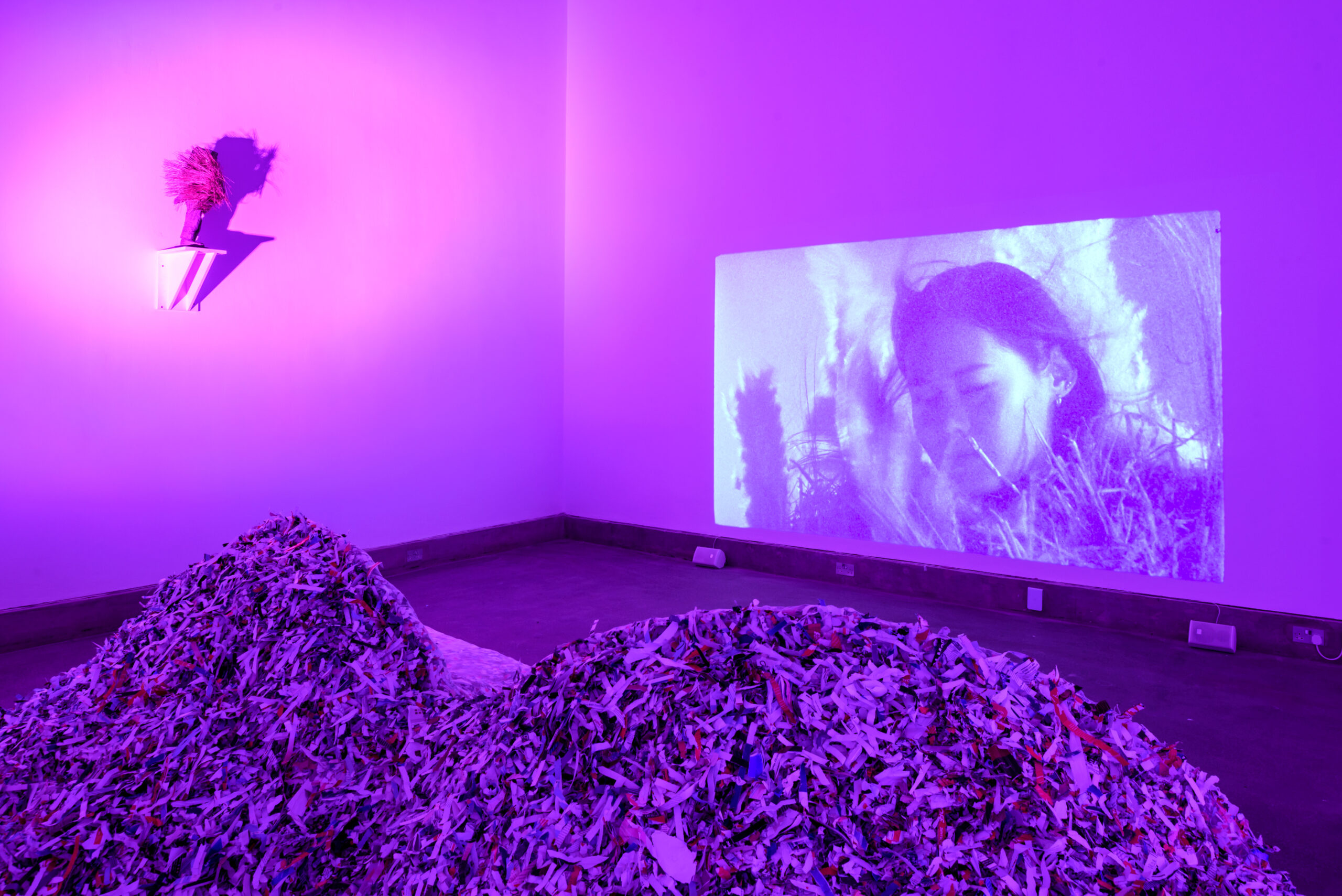 A room lit with a pink-purple hue. A film is projected on the far wall. On the floor is an indistinct sculptural form.