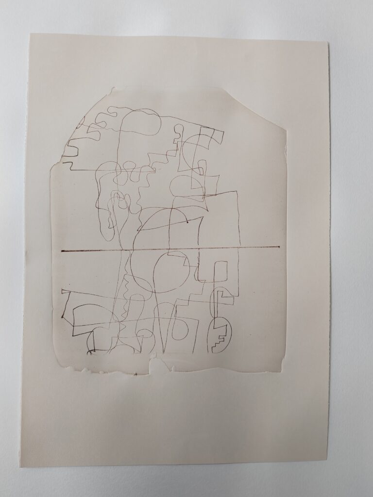 A rectangular piece of paper with squiggly lines in the middle and the outline of the litho stone edges around