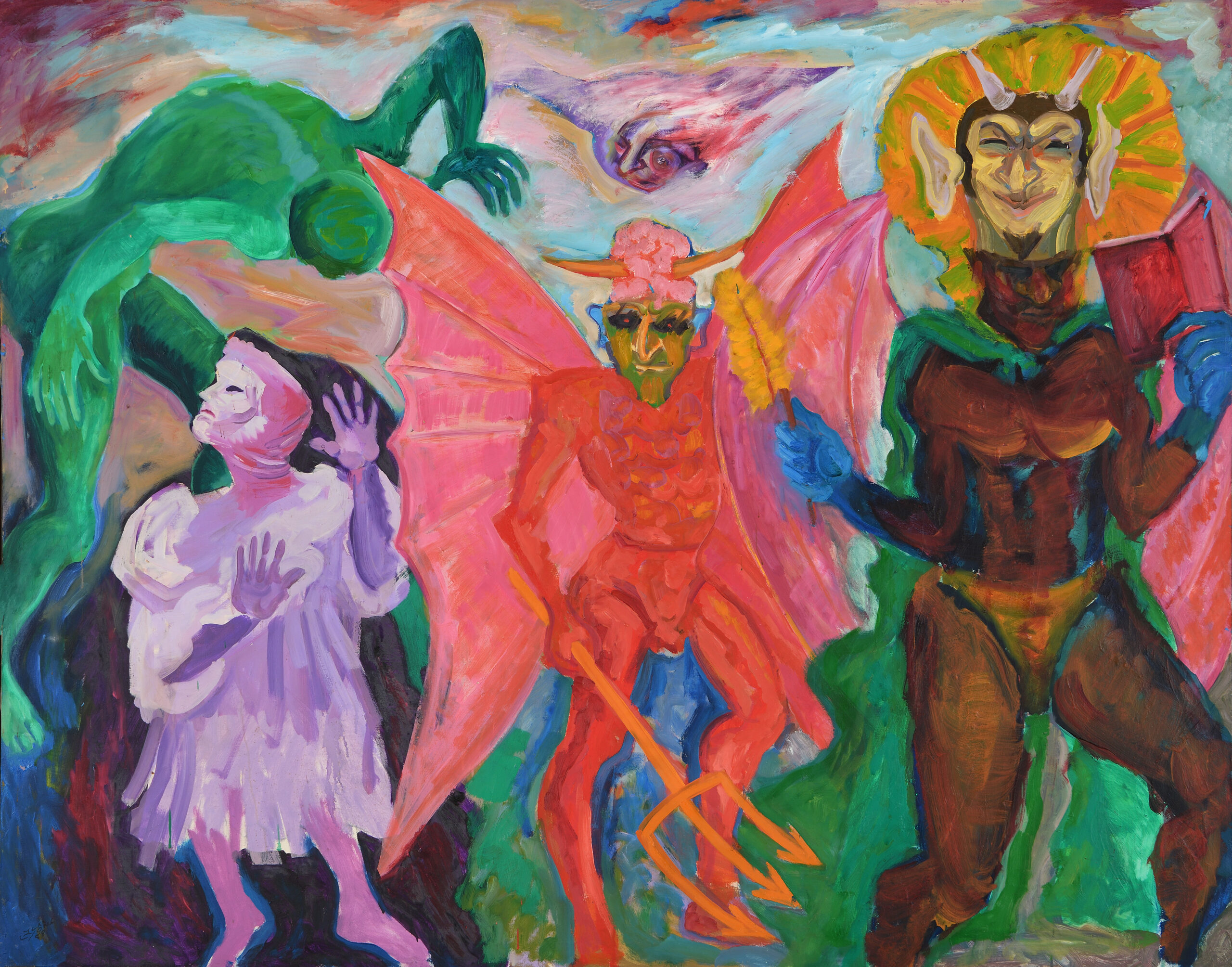 A bright multicoloured painting with, from left to right, a green figure bending over a little character in purple with their hands raised, a red devil with pitchfork and big wings and a nearly naked black person in blue gloves wearing a yellow mask over their head