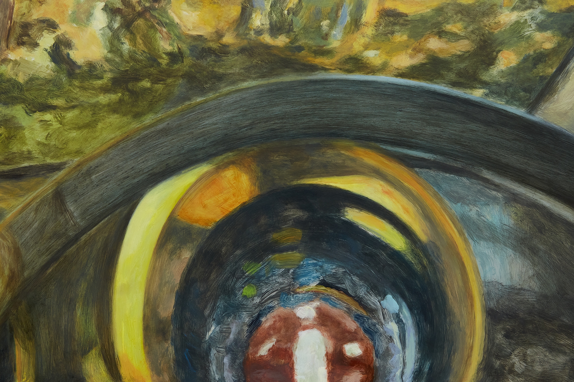 Painting of a car dashboard and the view from the windscreen.