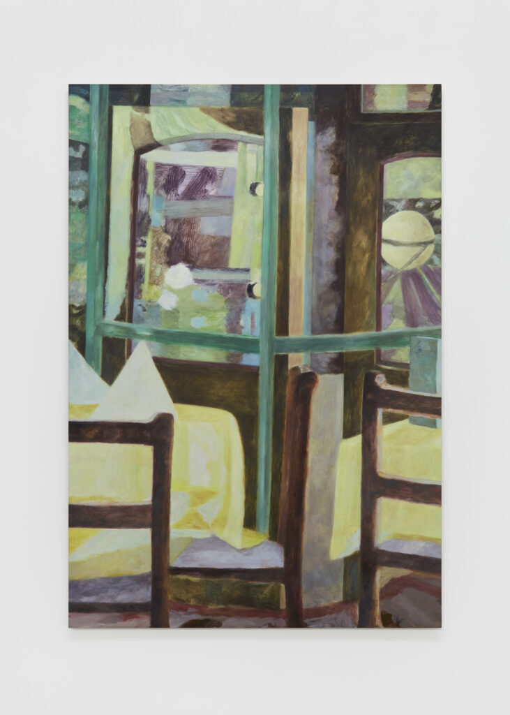 A painting of a confusing space of windows, doors, lights, the backs of chairs.