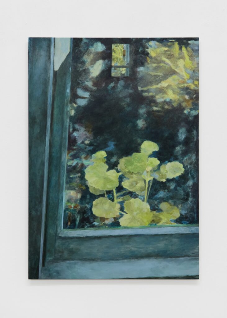 A painting of a plant in a window and another window beyond.