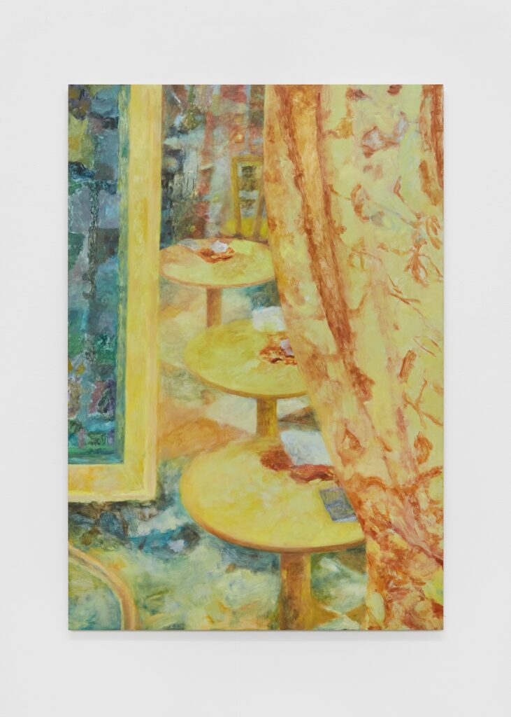 A painting of three tables in a row, through curtains and beside an open window.