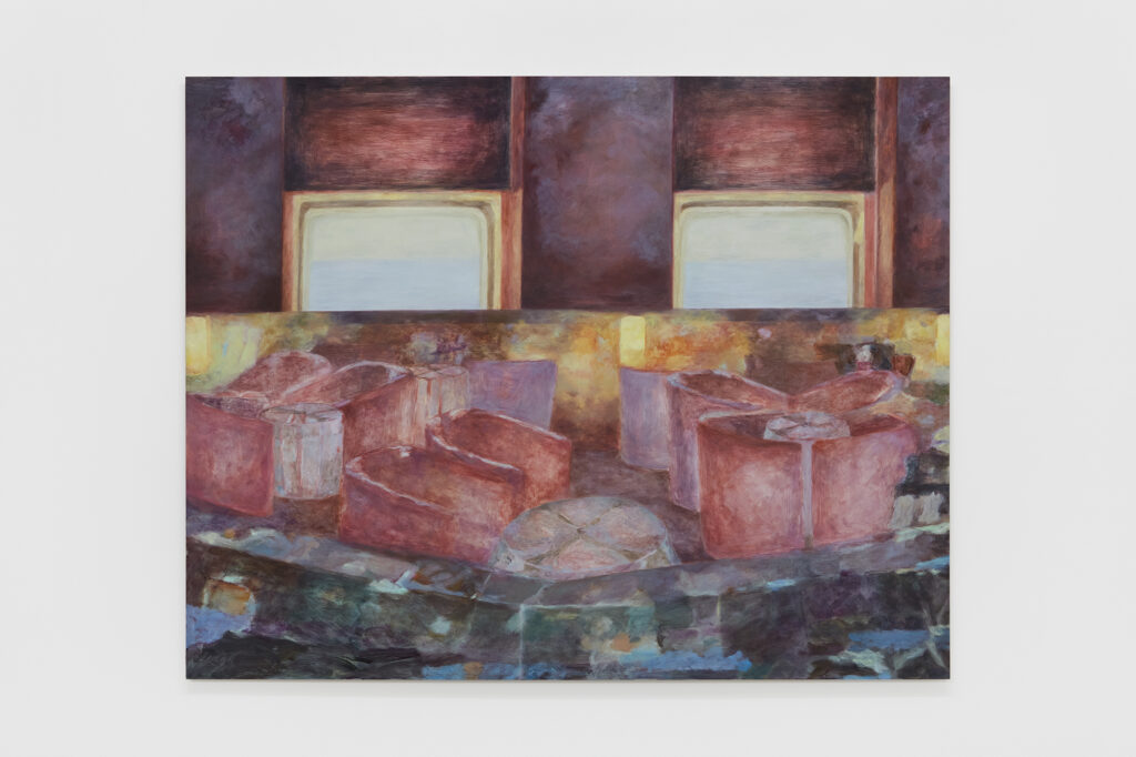 A painting of a lounge in a boat - armchairs and tables before two large window looking over the ocean.