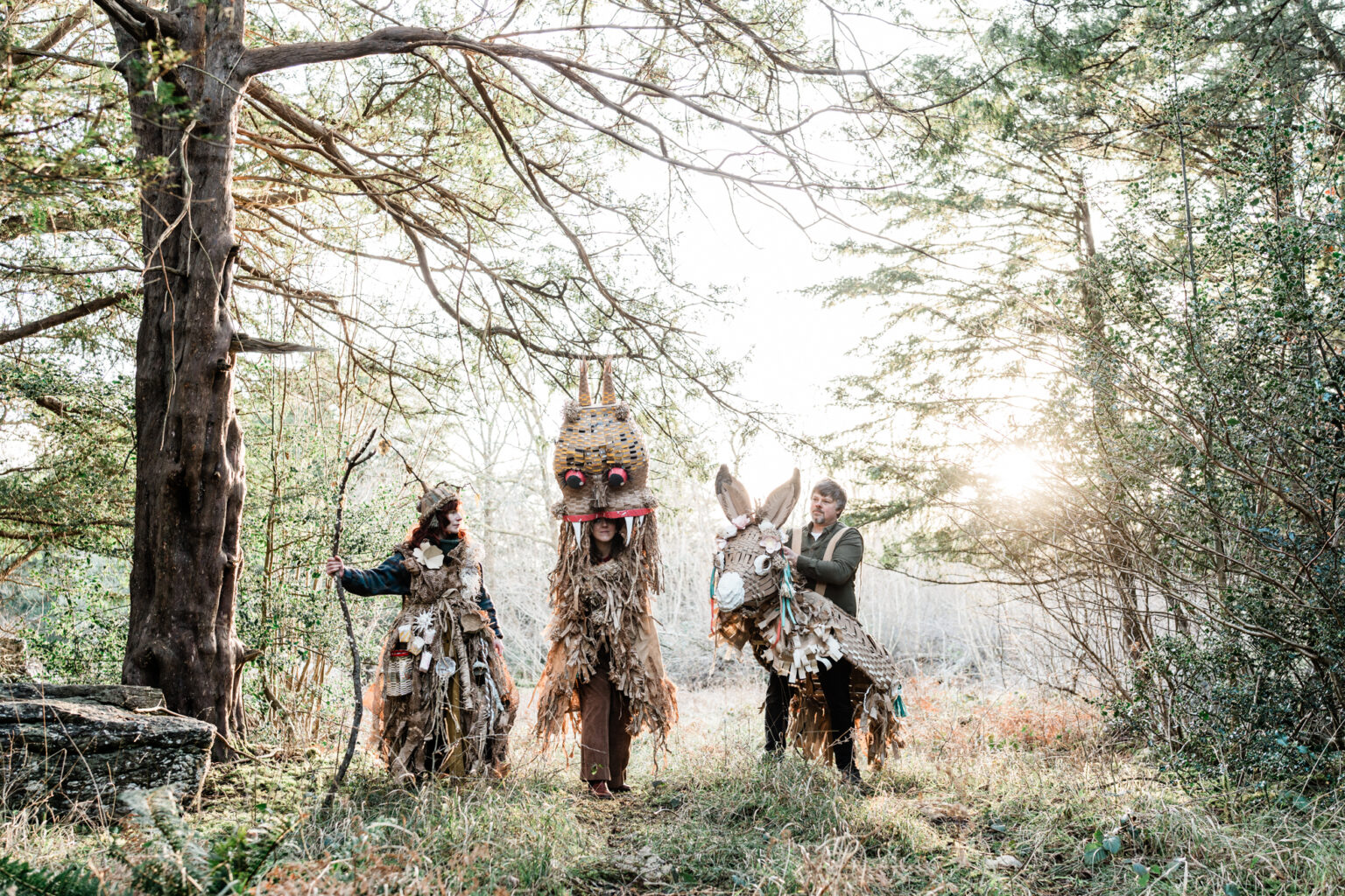 Three brown creatures in the woods, left to right a mystical woman, an owl and a mule