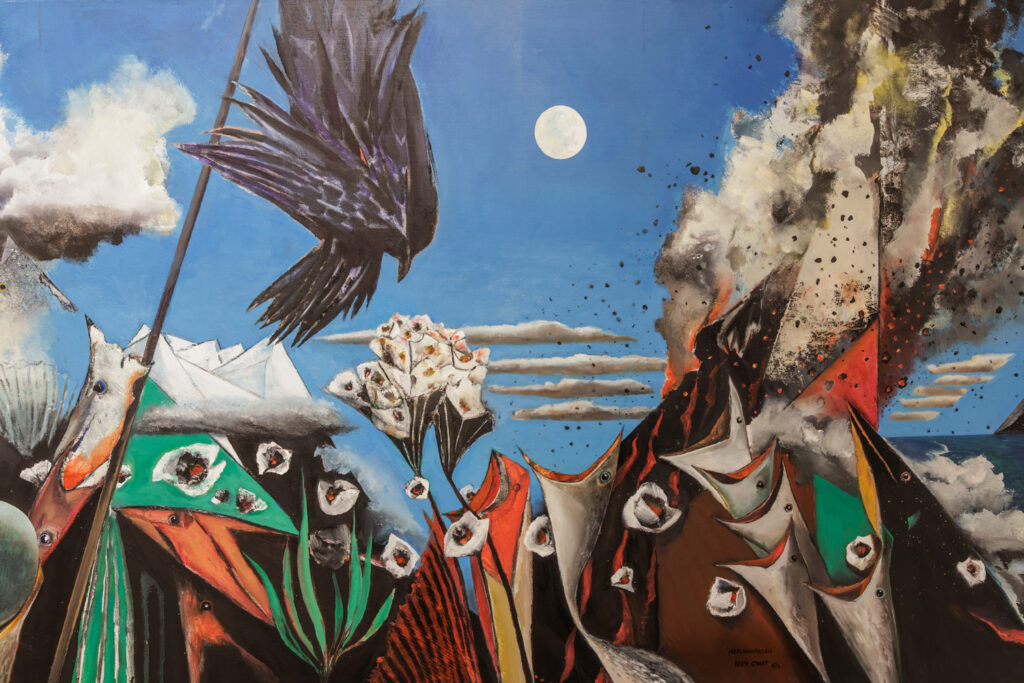 Detail of a painting. A crow flies above a volcanic landscape.