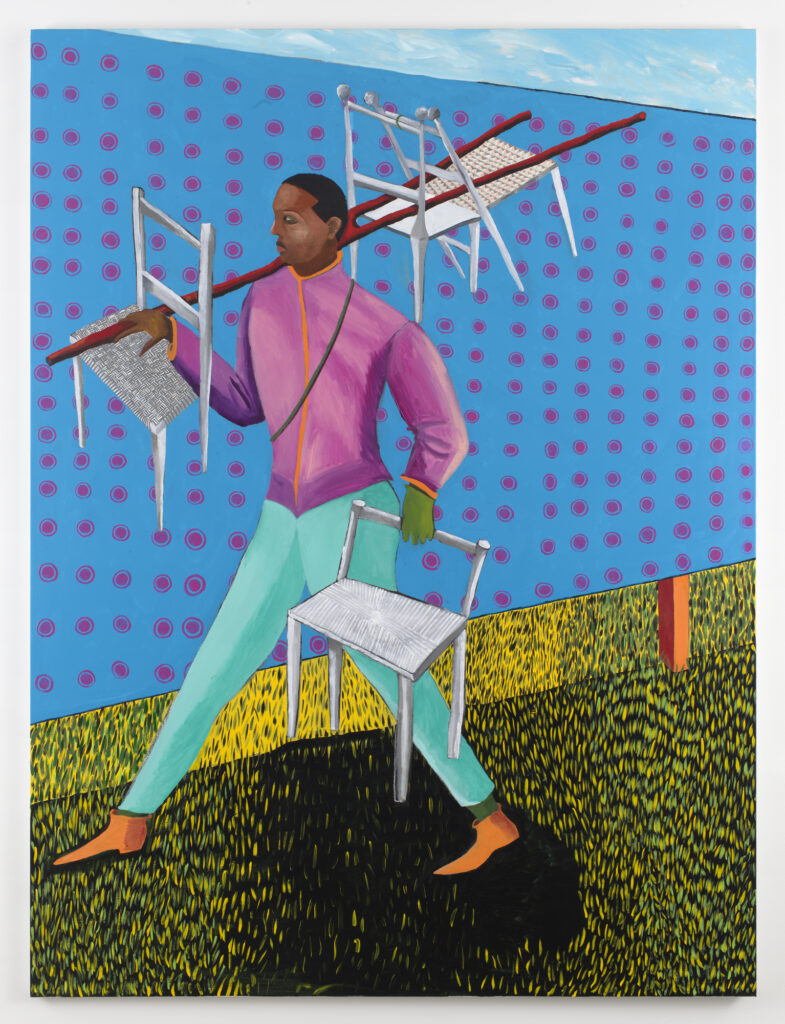 A painting of a man carrying one white chair in one hand while over his shoulder he has three more hanging off a long stick
