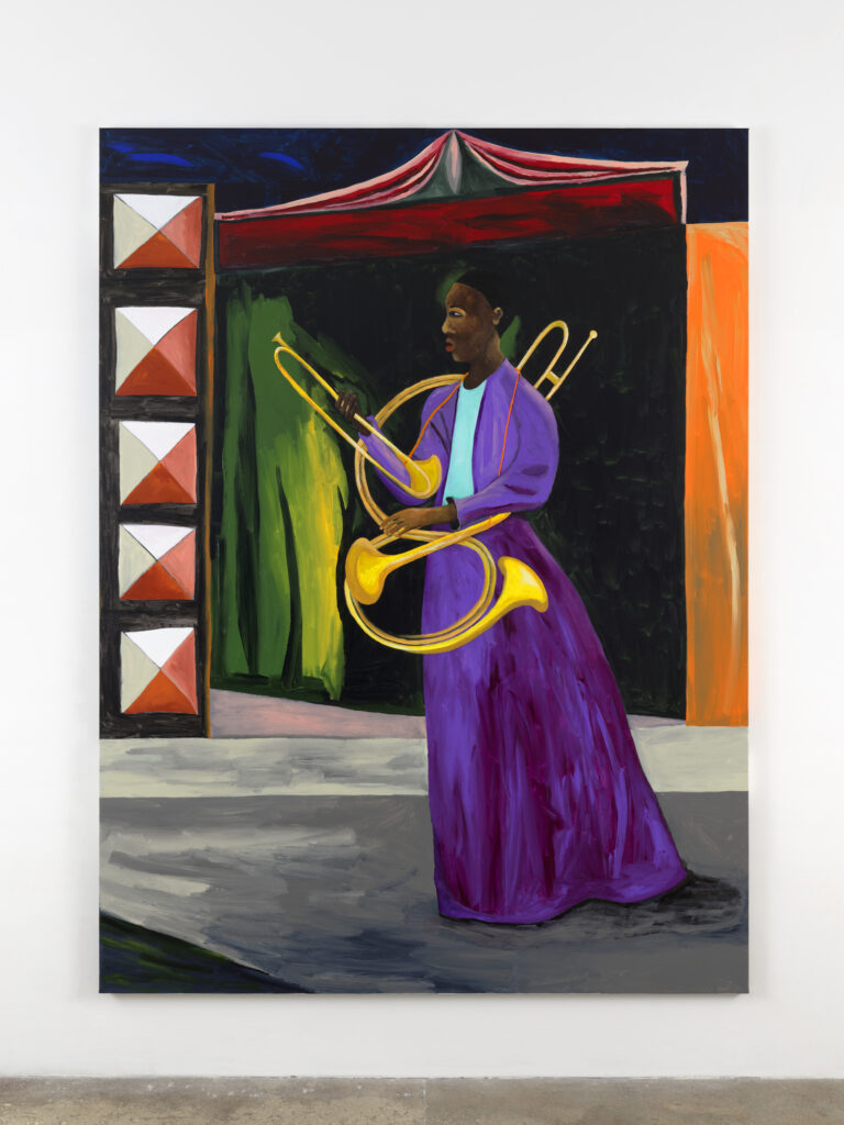 A painting of a woman in a long purple gown carrying three golden horns that wrap around her body