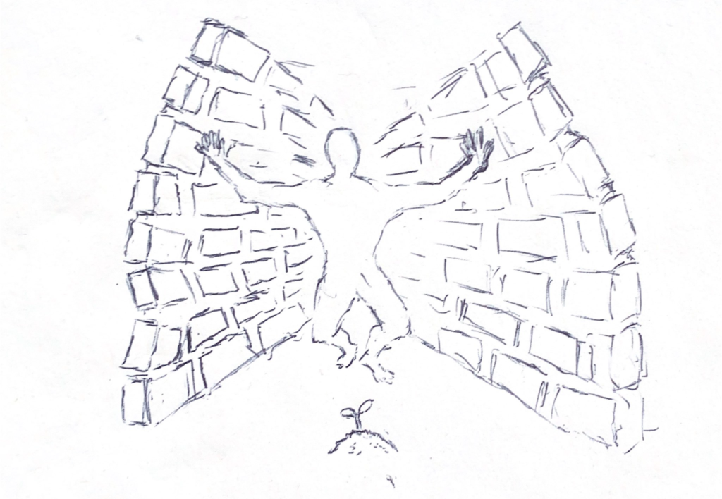A line drawing of a body with huge wings that seem to be made of bricks hovering over a tiny sapling