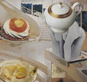 A collage made of photographic or magazine cut outs. To the left is a naked torso with breasts, with a teapot pasted where a head would be. Elsewhere there are foodstuffs, and the figures are set within an interior with a sweeping staircase.