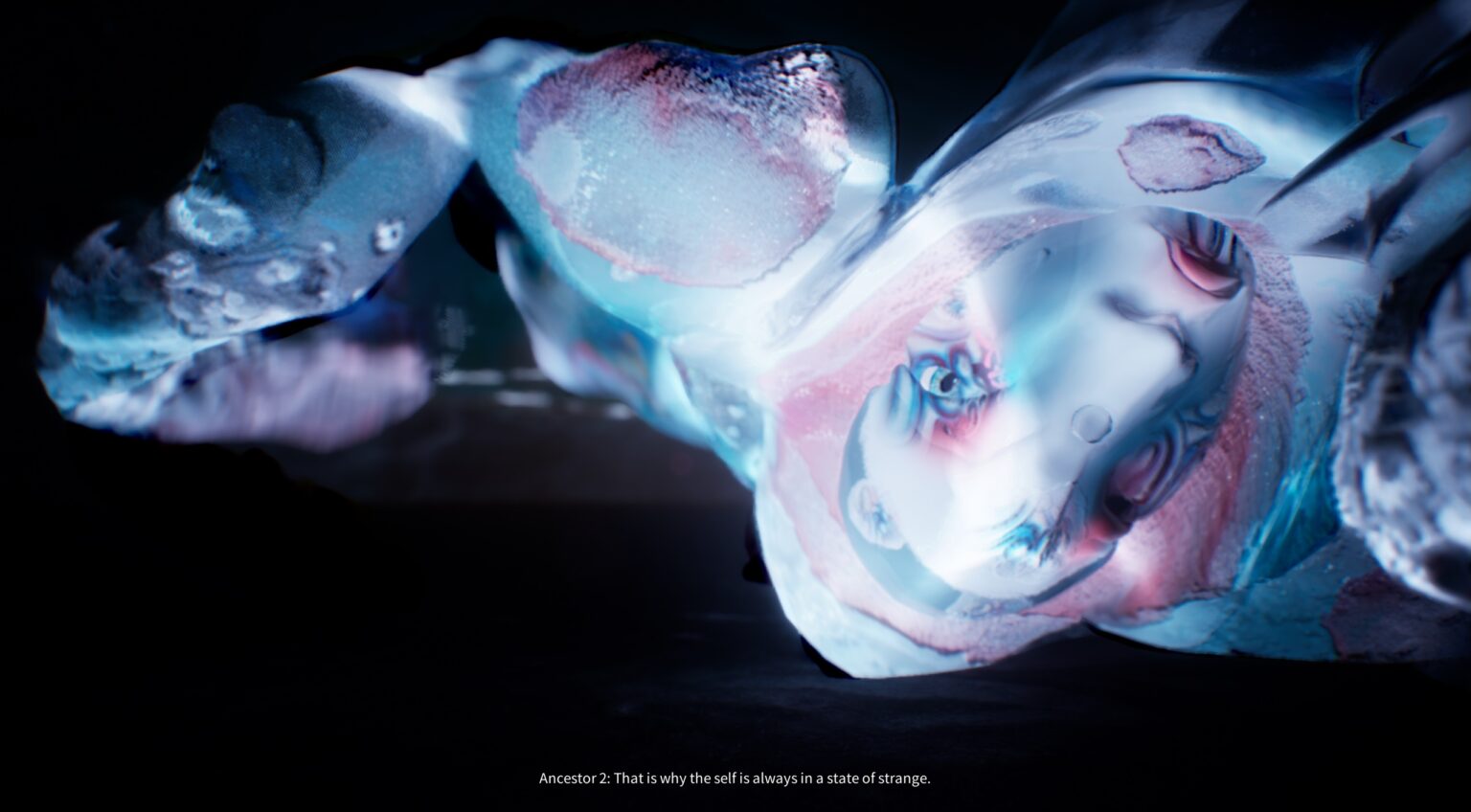Game still. A humanoid creature with blue-white skin floats in darkness. Subtitled text reads: 'Ancestor 2: That is why the self is always in a state of strange'