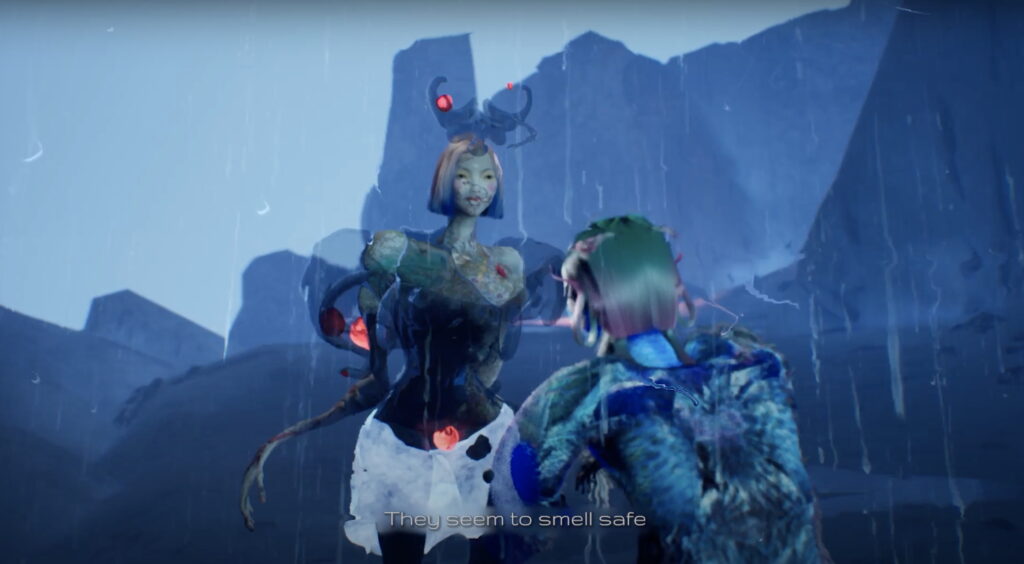 Game still. Two humanoid type creatures speak with one another. the have green skin and hair. Subtitled text reads: 'They seem to smell safe"