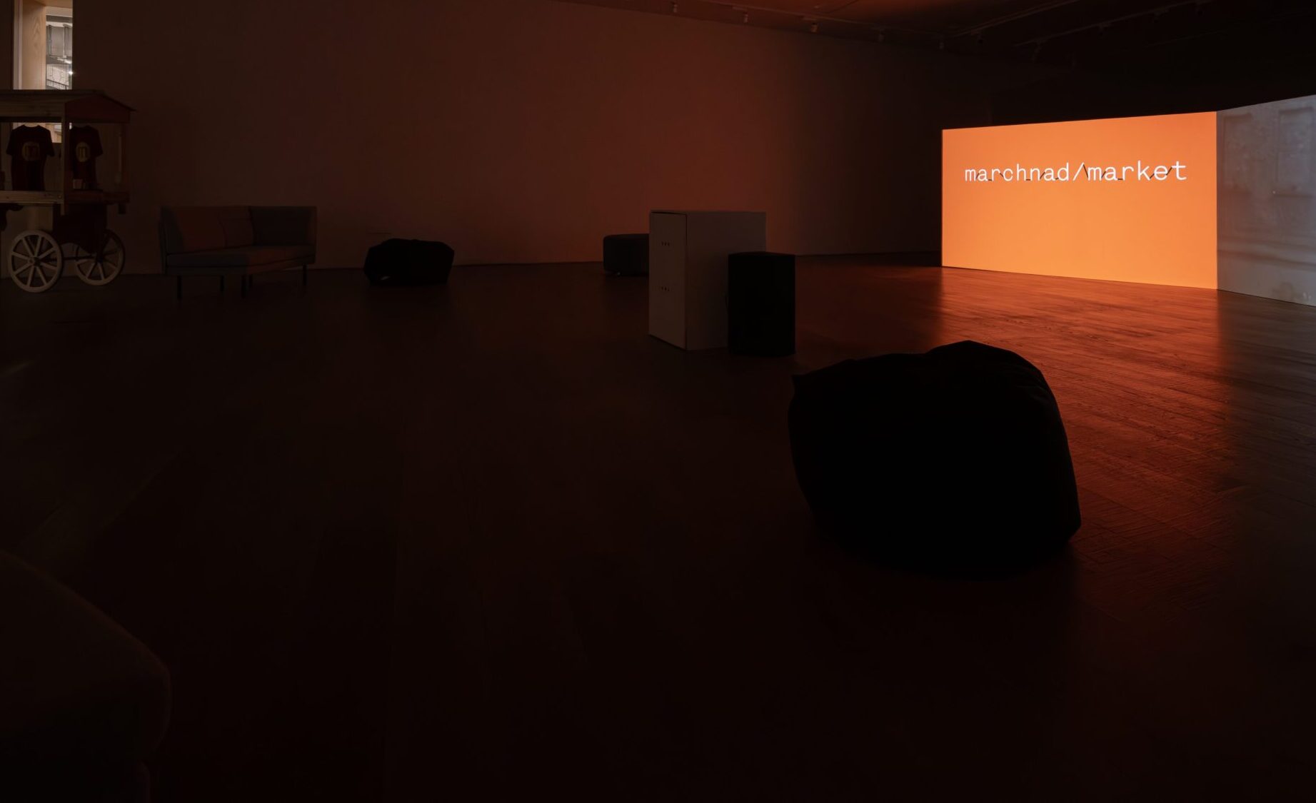 A dual channel film is projected onto a large screen in a gallery. The room is dark, lit only by the film.