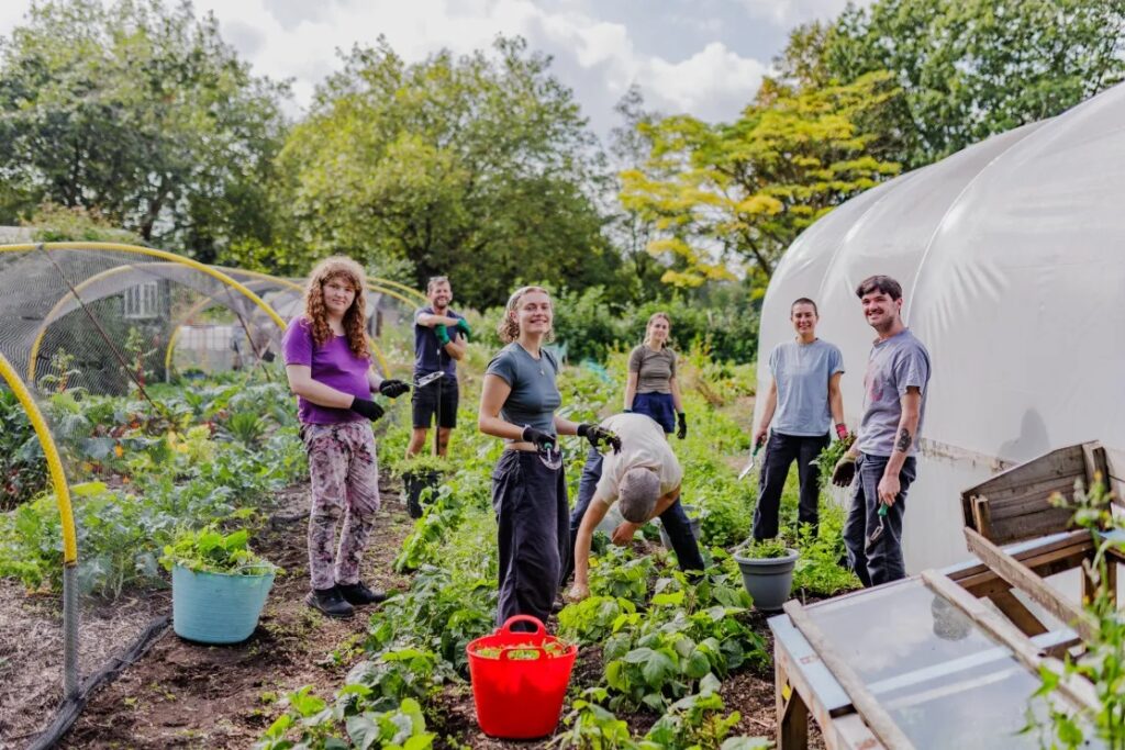 A group of smiling gardeners between two polytunnels surrounded by bright green plants