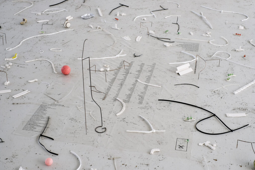 Loads of tiny objects scattered about, little bits of cable ties, balls, other items and black rows of text on the floor directly