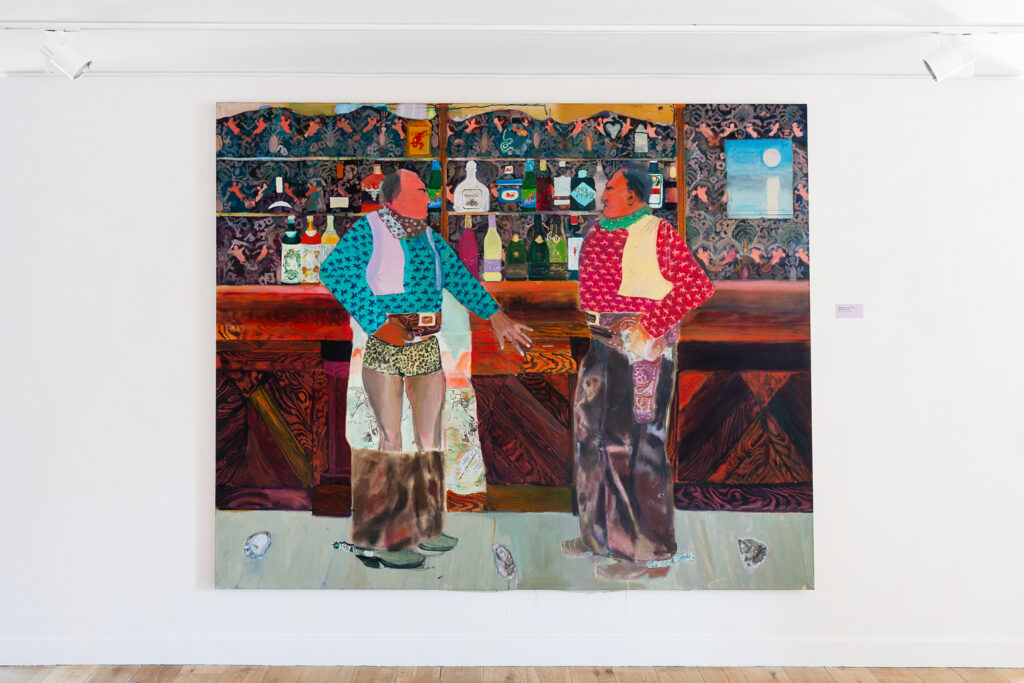 A large painting of two cowboys standing at a bar hung on a white gallery wall.