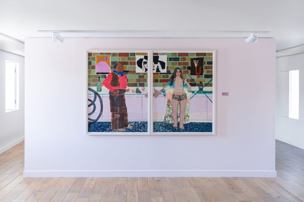 A large painting in two panels hung on a white gallery wall. On the left panel is a figure dressed as a cowboy, without a hat. On the right, a figure wearing hotpants and a brightly coloured dressing gown.