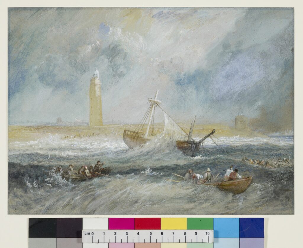 A painting of boats on stormy seas with a lighthouse behind on the land