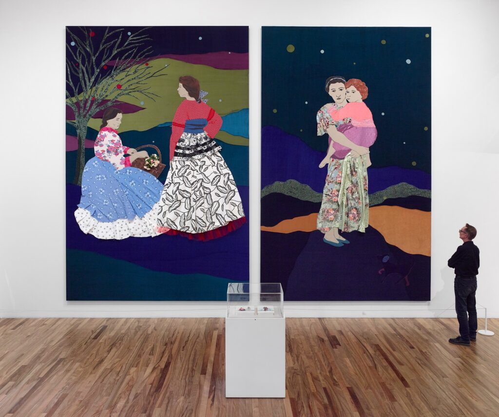 two enormous portraits, on the left two women in huge skirts and on the right a woman carrying a small child