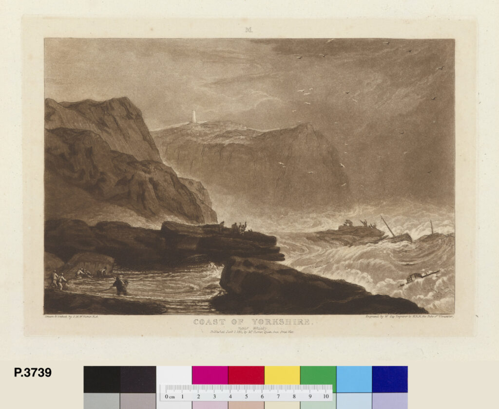 a dark brown mezzotint print of cliffs and a stormy sea with a lighthouse at the top