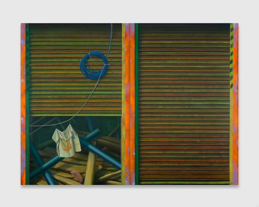 A painting of an soiled piece of cloth hung from a limp washing line attached to a corrugated shutter door