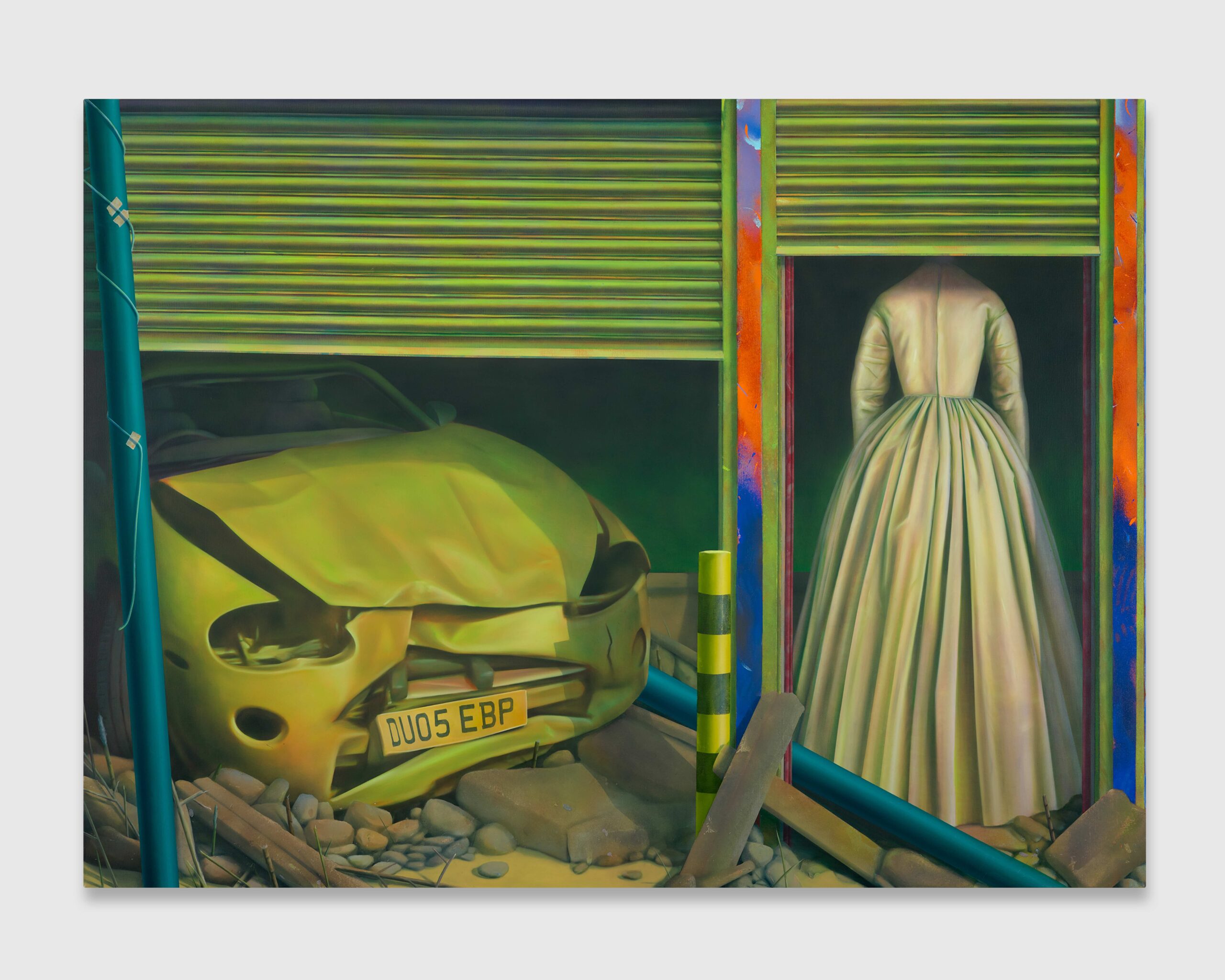 A painting of a dress and a car in a garage space. Our view of this scene is partially obscured by the garage shutter.