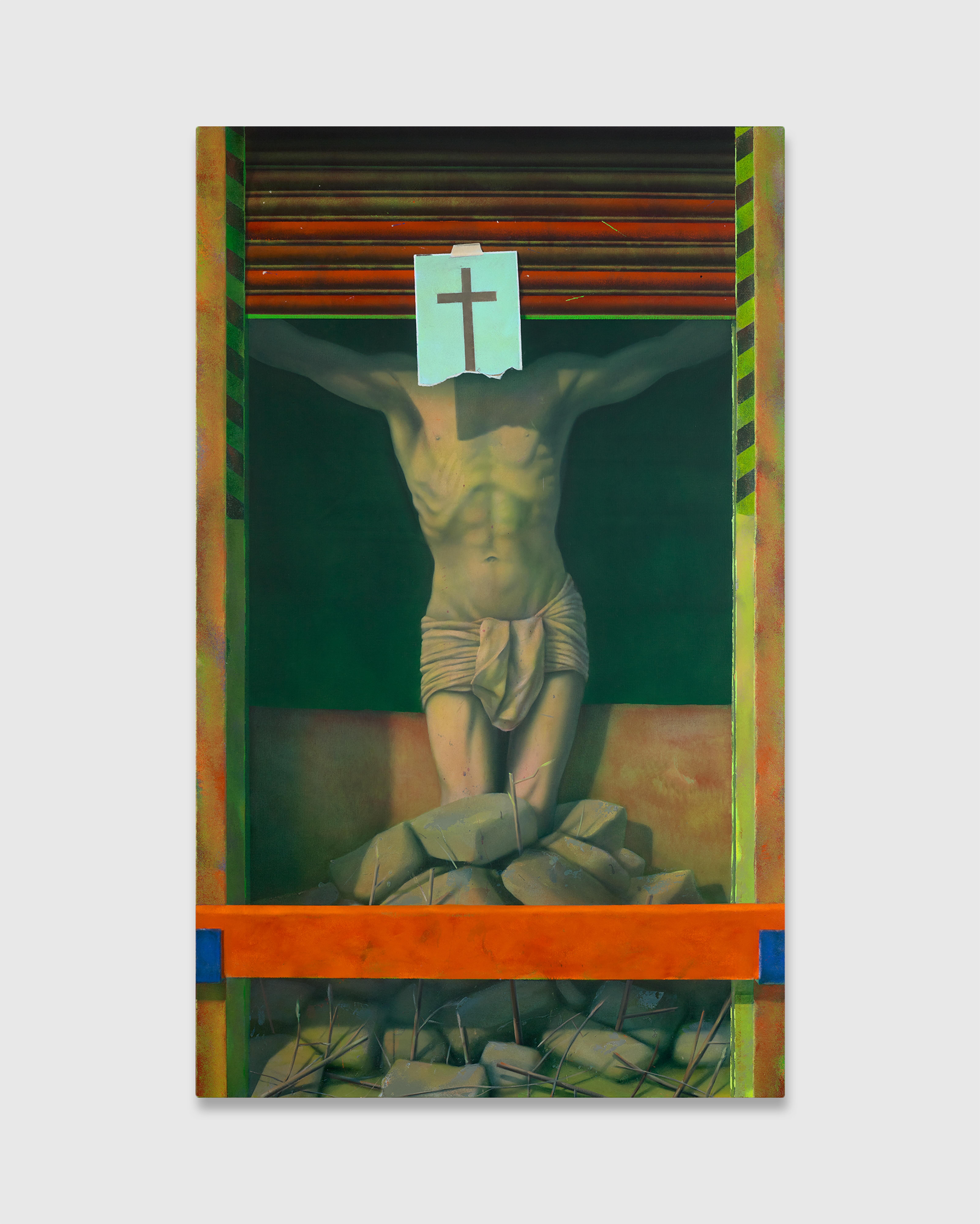 A painting of a statue of a crucified christ in a garage space. Our view of this scene is partially obscured by the garage shutter.