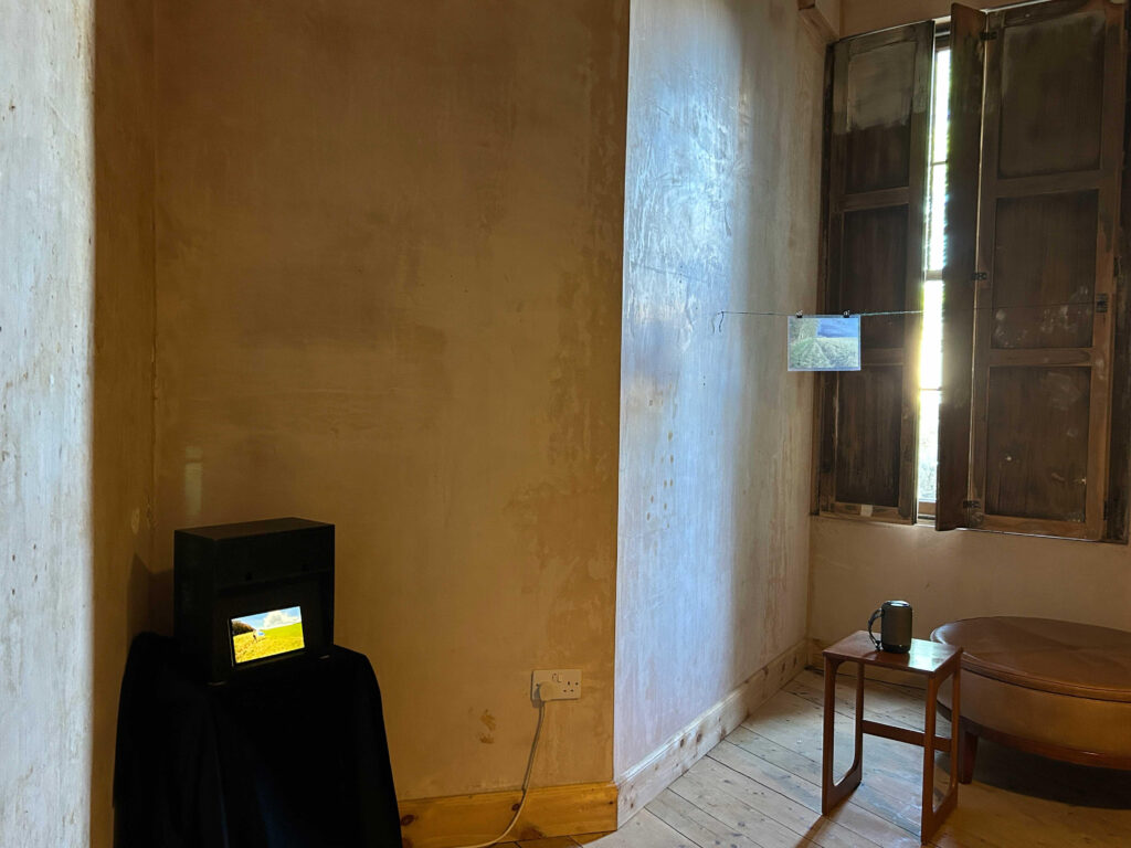 A bare room, wooden walls, in the corner a small black box on a black cloth covered plinth. In the box a small screen showing a grassy view. To the right a picture hung between a wall and window shutter on blue string. Light shines through it.