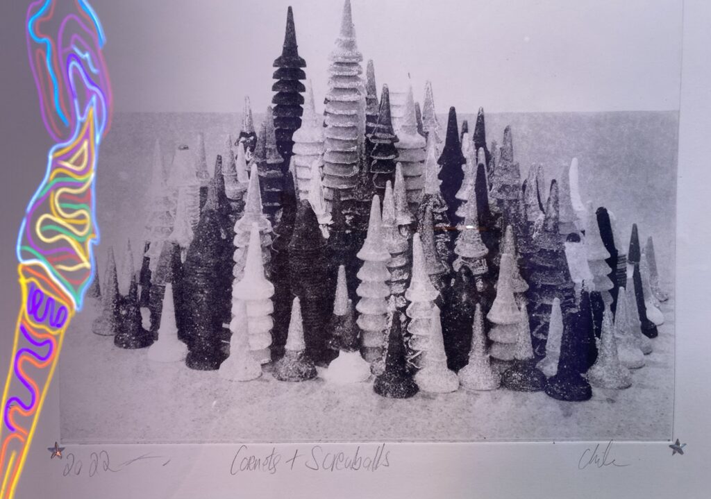 A monochrome print depicting stacks of ice cream cones