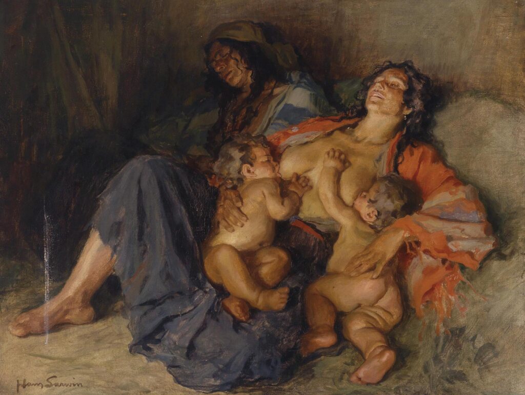 A painting of a woman resting on a pile of blankets with two toddlers feeding at her breasts.